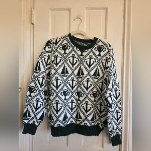 Lands' End Sailboat & Anchor Pattern Green and White Crewneck Sweater